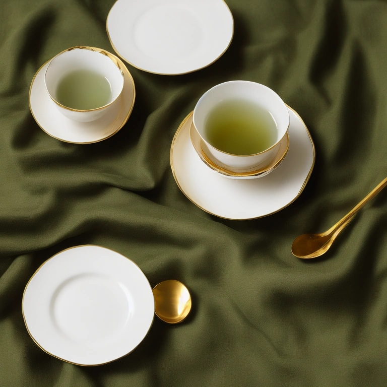 Illustration: a steaming cup of green tea on a saucer with a gold spoon on green linen