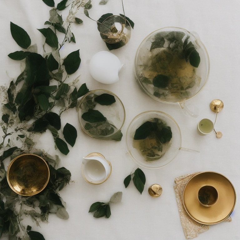 Illustration: a glass teapot, tea leaves and gold accents on a cream linen cloth