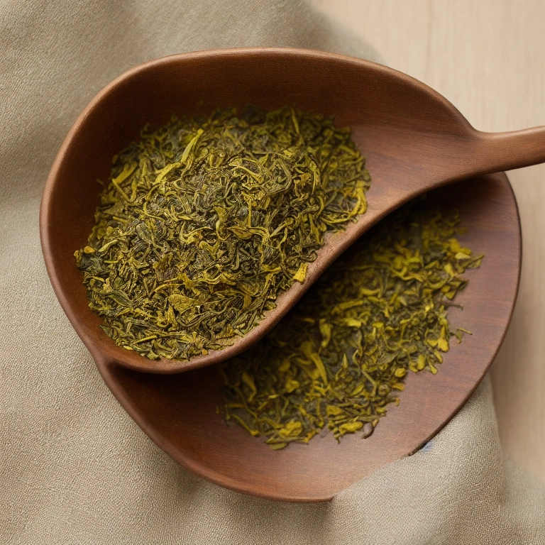 Illustration: loose-leaf green tea in a wooden scoop