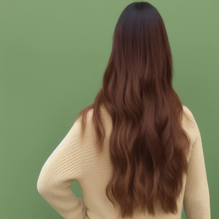 Illustration: long mahogany brown hair seen from behind against a green wall
