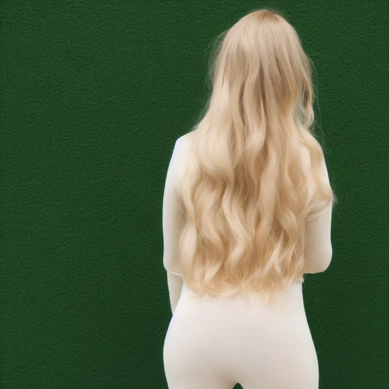 Illustration: long ash blonde hair seen from behind against a dark green wall