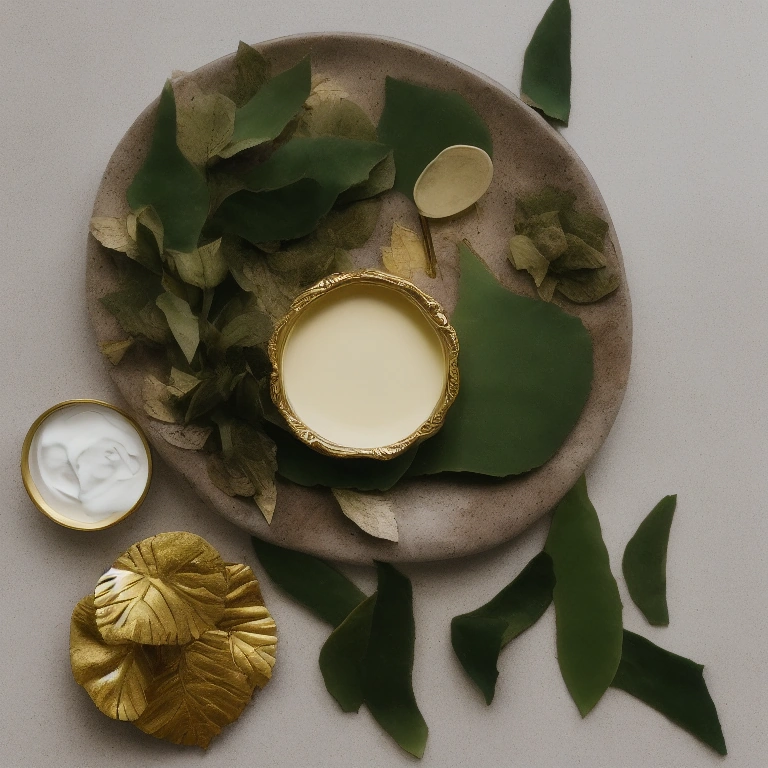 Illustration: henna leaves, aloe and a small bowl on cream marble