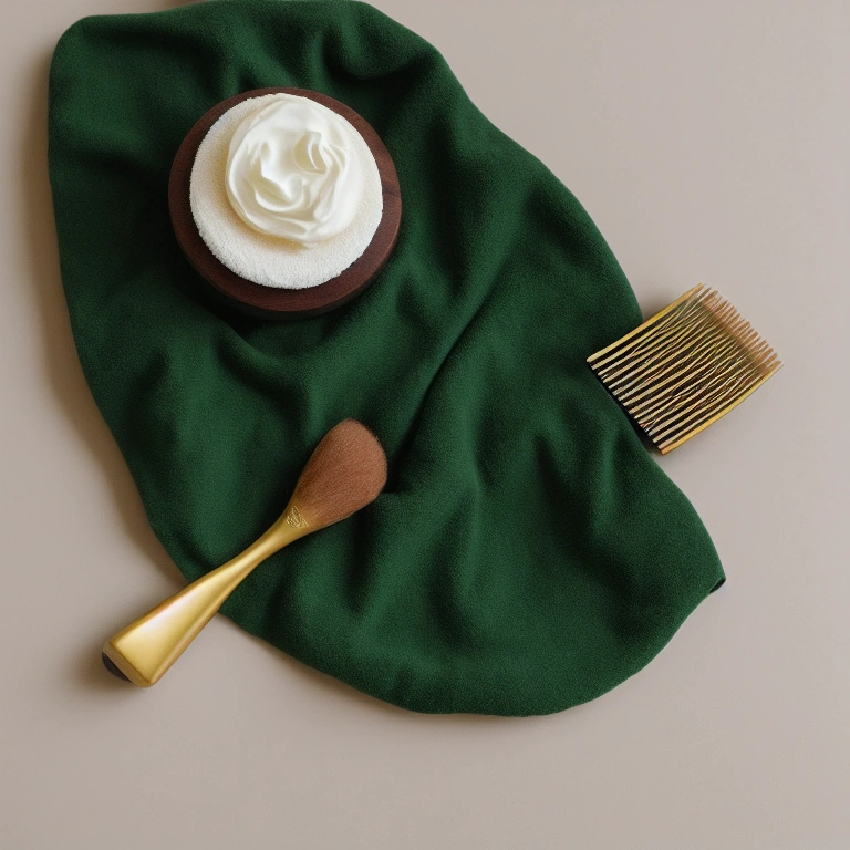 Illustration: a hairbrush and a folded towel on a dark green cloth